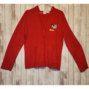 Disney Sweater Mickey Holding Present - Hood Full Zip Med. Red Knit EUC